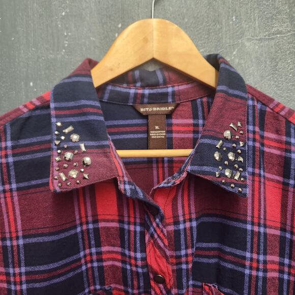 Bit & Bridle Western Shirt XL Plaid Snap Up Jeweled Collar Flannel Shirt - Picture 2 of 13
